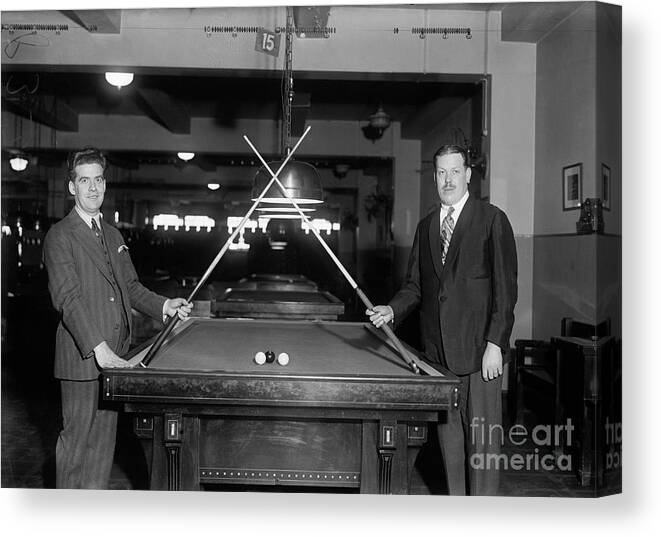 People Canvas Print featuring the photograph Men With Pool Stick Crossed, I.e. A Duel by Bettmann