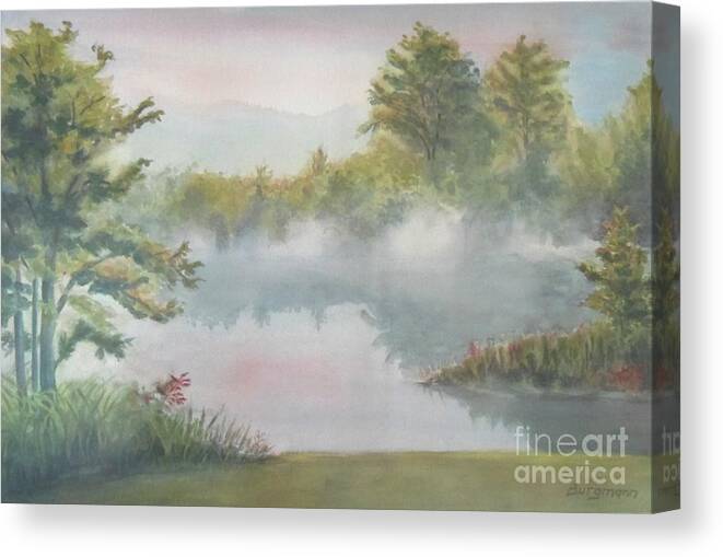 Landscape Canvas Print featuring the painting Misty Pond by Petra Burgmann
