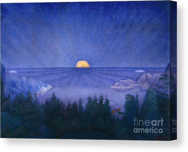 Harald Sohlberg Canvas Print featuring the painting Moon rise, 1919 by O Vaering by Harald Sohlberg