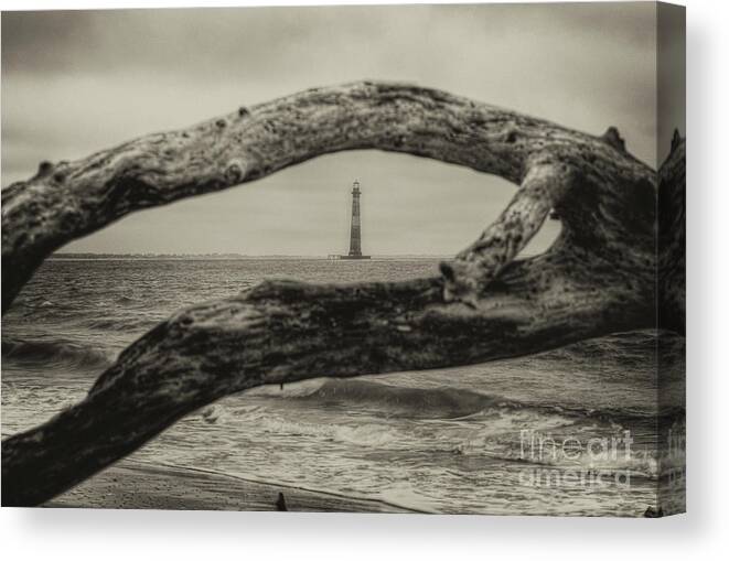 Morris Island Lighthouse Canvas Print featuring the photograph Morris Island Lighthouse - Deadwood View in Sepia by Dale Powell