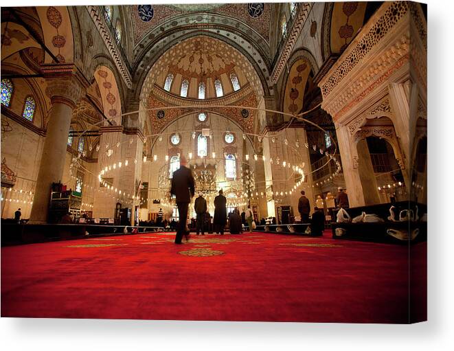 Istanbul Canvas Print featuring the photograph Muslim Men Praying Inside The Blue by Ozgurdonmaz