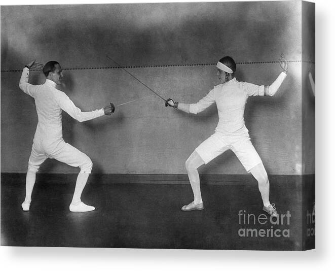 The Olympic Games Canvas Print featuring the photograph Nedo Nadi Fencing Against Helene Mayer by Bettmann