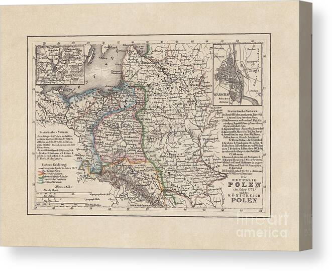 Engraving Canvas Print featuring the digital art Old Map Of Poland, Steel Engraving by Zu 09