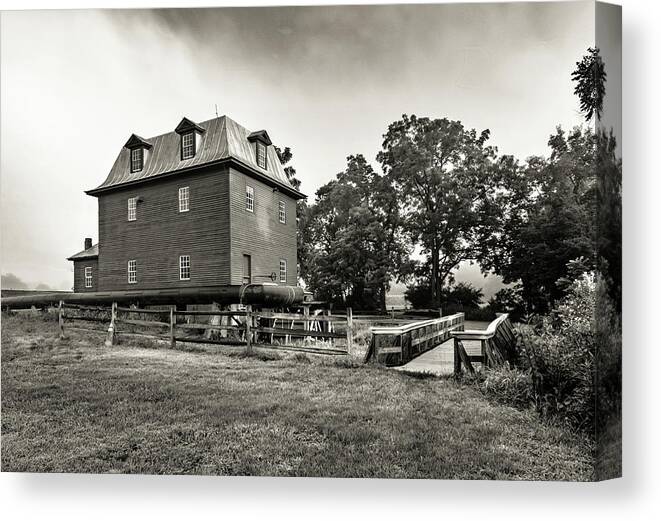 Big Otter Mill Canvas Print featuring the photograph Foggy Old Mill in Sepia by Norma Brandsberg