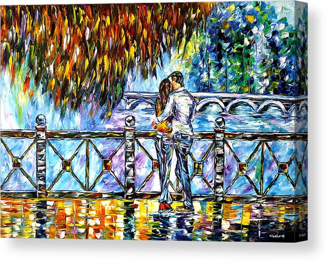 Kissing Lovers Canvas Print featuring the painting On The Love Bridge by Mirek Kuzniar