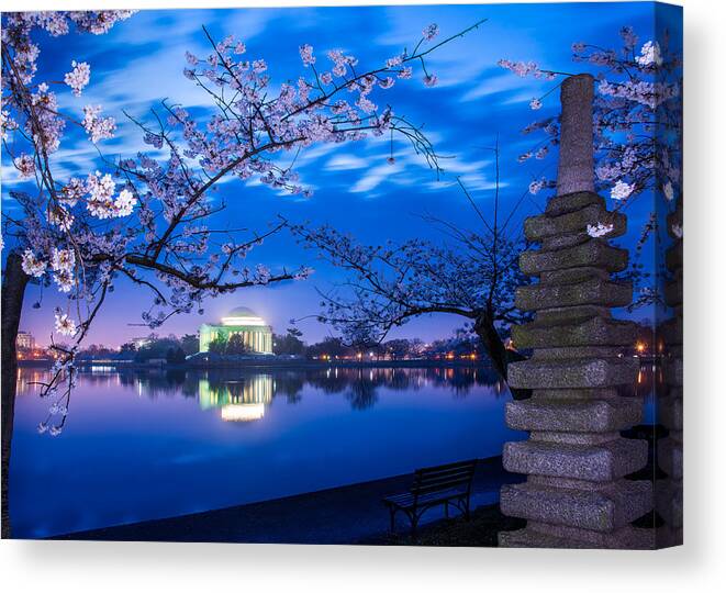 Cherry Blossoms Canvas Print featuring the photograph Pagoda Amongst Cherry Blossoms by Ken Liang