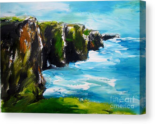 Painting Of Cliffs Of Moher Ireland Canvas Print featuring the painting Painting of cliffs of moher ireland by Mary Cahalan Lee - aka PIXI