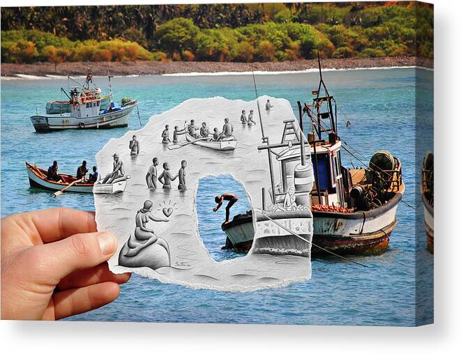 Pencil Vs Camera - Boats And Swimmers Canvas Print featuring the photograph Pencil Vs Camera - Boats And Swimmers by Ben Heine