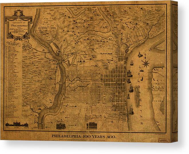Philadelphia Canvas Print featuring the mixed media Philadelphia Pennsylvania Vintage City Street Map 1875 by Design Turnpike