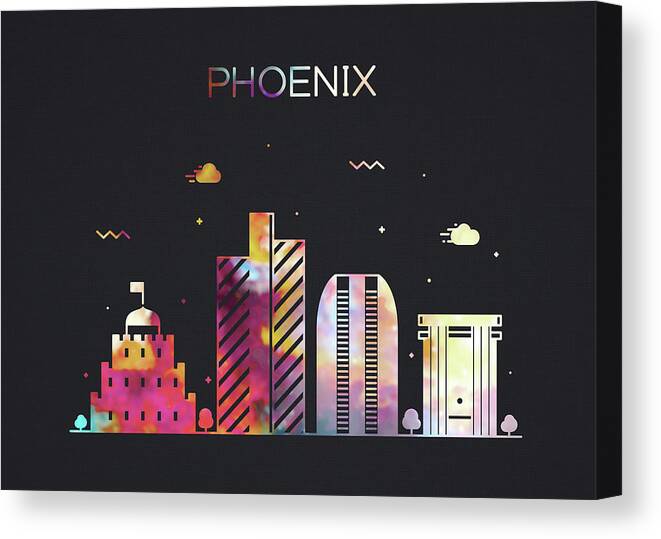 Phoenix Canvas Print featuring the mixed media Phoenix Arizona City Skyline Whimsical Dark Wide Fun Series by Design Turnpike