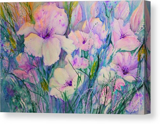 Pink And Purple Spring Flower Medley Canvas Print featuring the painting Spring Flower Medley pink and purple by Sabina Von Arx