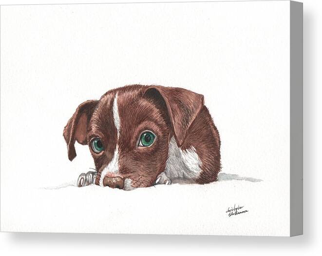 Chocolate Canvas Print featuring the painting Portrait of a Chihuahua puppy in watercolor by Christopher Shellhammer