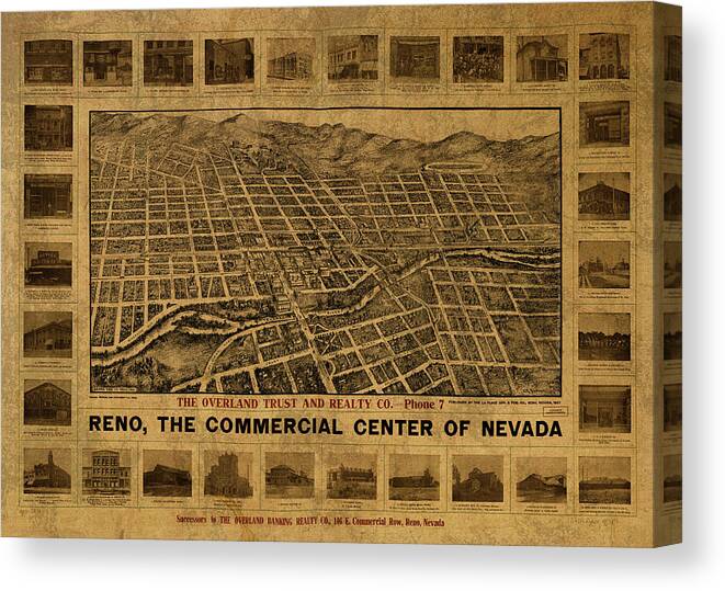 Reno Canvas Print featuring the mixed media Reno Nevada Vintage City Street Map 1907 by Design Turnpike