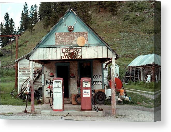 1980-1989 Canvas Print featuring the photograph Rural Mobil Gas Station by Jim Steinfeldt