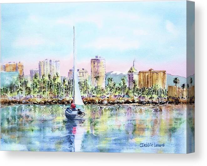 Long Beach California Canvas Print featuring the painting Sailing into Downtown Long Beach by Debbie Lewis