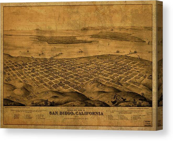San Diego Canvas Print featuring the mixed media San Diego California Vintage City Street Map 1876 by Design Turnpike
