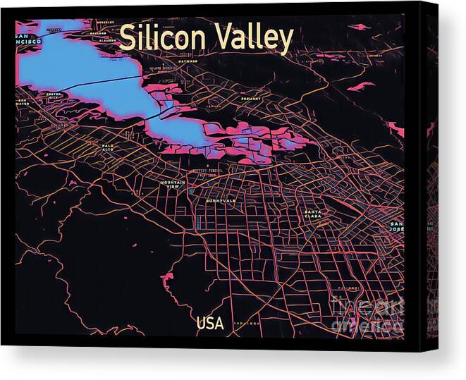 Silicon Valley Canvas Print featuring the digital art Silicon Valley Map by HELGE Art Gallery