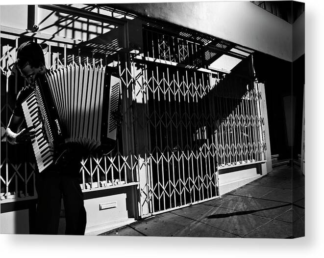 Musician Canvas Print featuring the photograph San Francisco Street Musician Accordian Player by Larry Butterworth