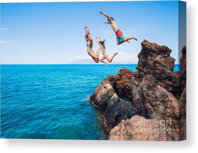 Deep Canvas Print featuring the photograph Summer Fun Friends Cliff Jumping by Epicstockmedia