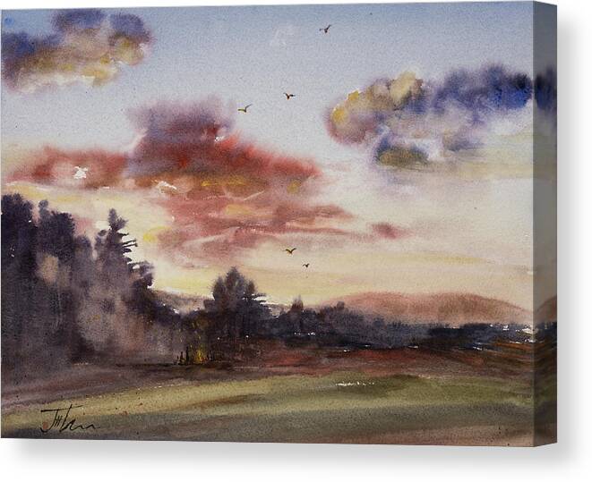 Watercolor Canvas Print featuring the painting Sunset Bonfire by Judith Levins