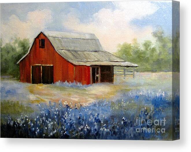 Blue Bonnets Canvas Print featuring the painting Texas Blue Bonnets and Red Barn by Barbara Haviland