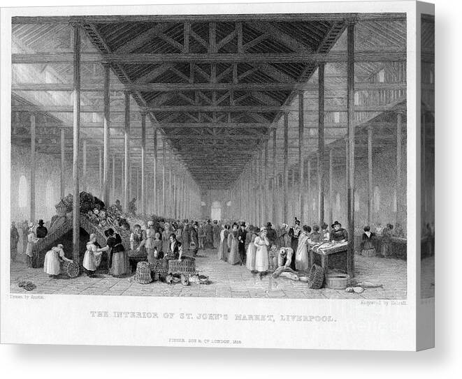 Engraving Canvas Print featuring the drawing The Interior Of St Johns Market by Print Collector