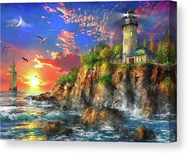 Sea Canvas Print featuring the painting The Ocean Sunset Lighthouse by MGL Meiklejohn Graphics Licensing