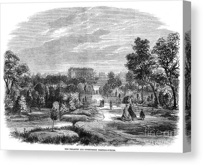 Engraving Canvas Print featuring the drawing The Treasury And Government Printing by Print Collector