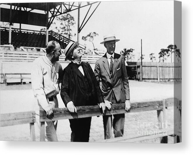 Three Quarter Length Canvas Print featuring the photograph Thomas Edison Wty Cobb & Connie Mack by Bettmann