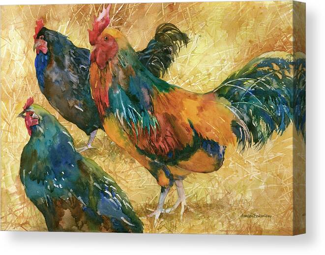 Chickens Canvas Print featuring the painting Threes A Crowd by Annelein Beukenkamp