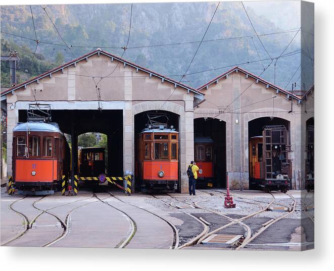 People Canvas Print featuring the photograph Train Sheds, Soller by Carolyn Eaton