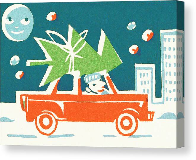 Auto Canvas Print featuring the drawing Tree tied to top of car by CSA Images