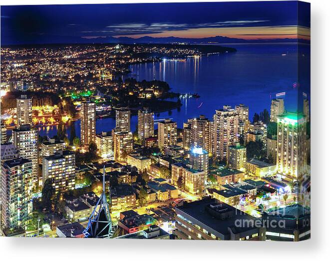 Architecture Canvas Print featuring the photograph 1556 Twilight View English Bay Vancouver British Columbia Canada by Neptune - Amyn Nasser Photographer
