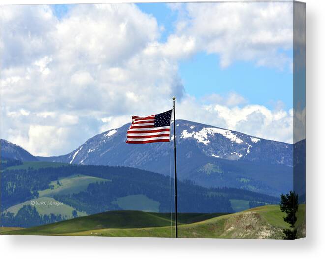 United States Flag Canvas Print featuring the photograph U. S. Flag with Mt. Powell behind by Kae Cheatham