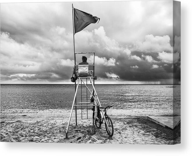 Alone Canvas Print featuring the photograph Urban Solitude: The Lone Lifeguard's Watch - Barcelona, Spain by Rudy Mareel