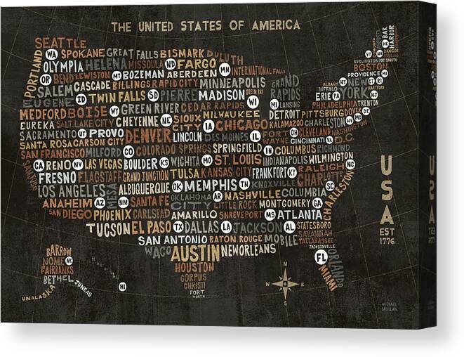 America Canvas Print featuring the painting Us City Map Black by Michael Mullan