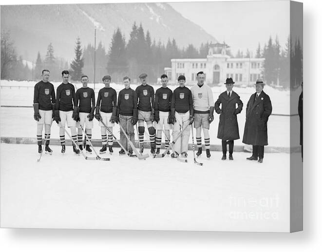 The Olympic Games Canvas Print featuring the photograph Us Olympic Hockey Team Posing by Bettmann