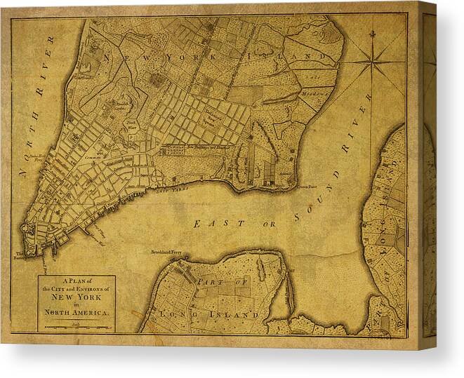 Vintage Canvas Print featuring the mixed media Vintage Map of New York City 1776 by Design Turnpike