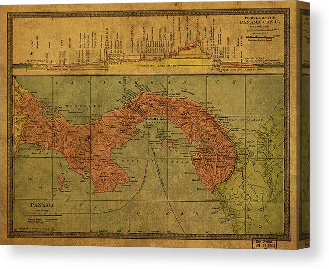 Vintage Canvas Print featuring the mixed media Vintage Map of Panama Canal 1904 by Design Turnpike
