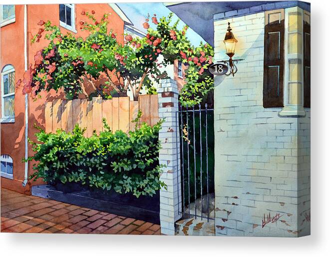 #landscape #cityscape #floweringcourtyard #watercolor #rustic #brick #americana Canvas Print featuring the painting Walking on Jefferson by Mick Williams