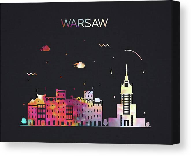 Warsaw Canvas Print featuring the mixed media Warsaw Poland City Skyline Whimsical Fun Wide Dark by Design Turnpike