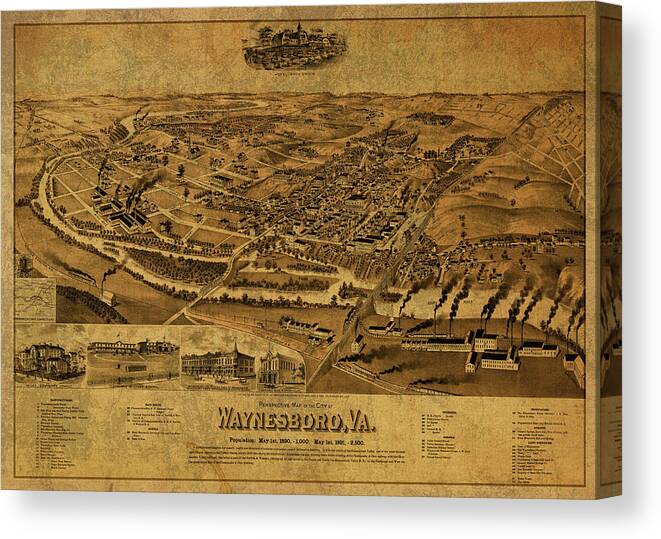 Old Map of Waynesboro VA from 1891 Vintage Virginia Art Historic Decor
