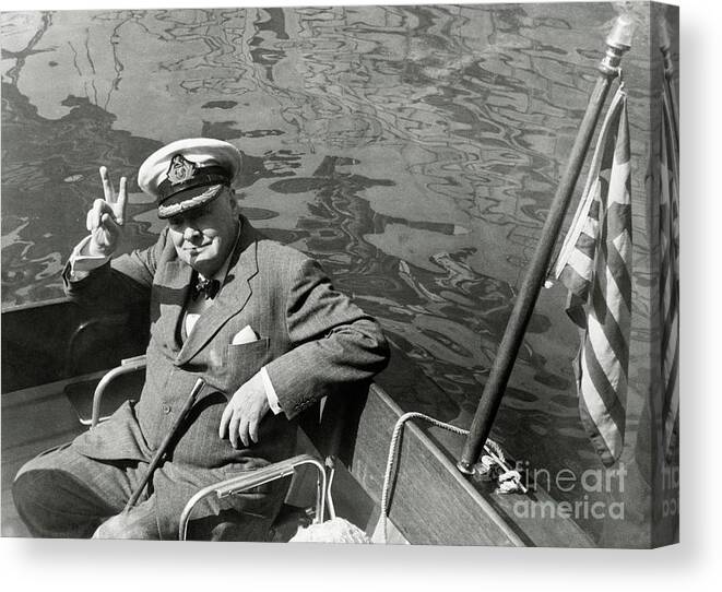 Mature Adult Canvas Print featuring the photograph Winston Churchill In A Boat Giving by Bettmann