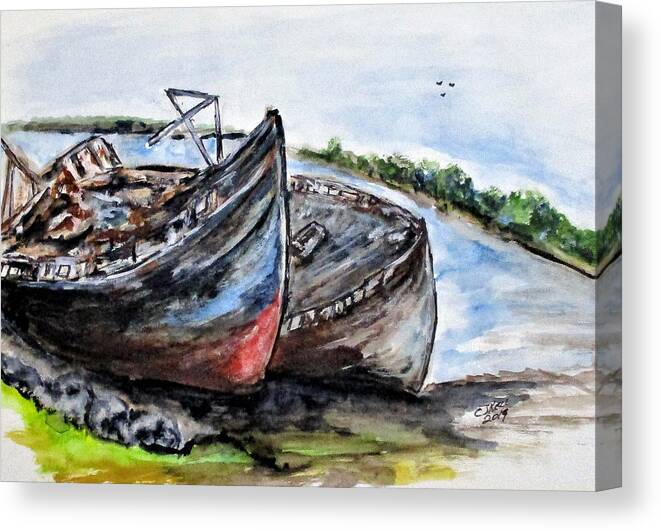 Boats Canvas Print featuring the painting Wrecked River Boats by Clyde J Kell