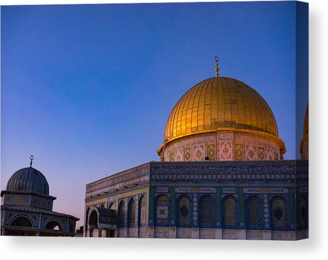 Dome Of The Rock Canvas Print featuring the photograph Dome of the Rock Islamic Mosque Temple Mount, Jerusalem. Built in 691, where Prophet Mohamed ascended to heaven on an angel in his night journey. #1 by Shaifulzamri