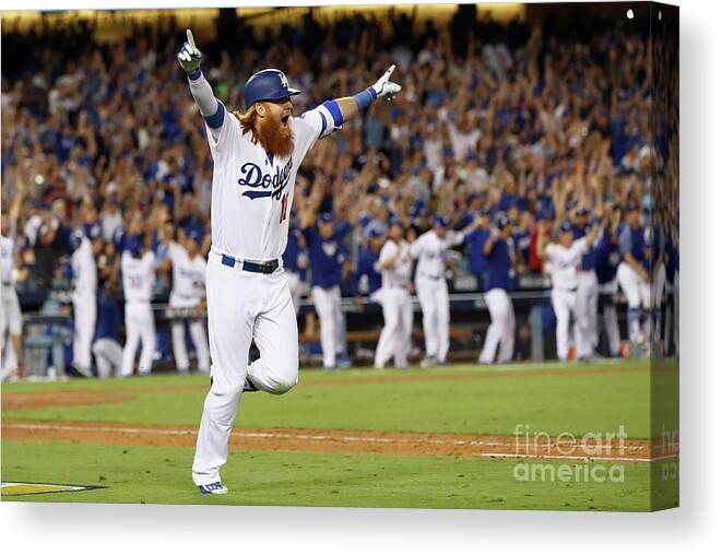 Game Two Canvas Print featuring the photograph Justin Turner by Ezra Shaw