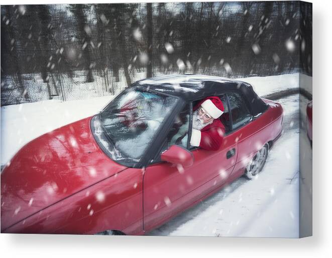 Fun Canvas Print featuring the photograph Santa's at car #1 by Vesnaandjic