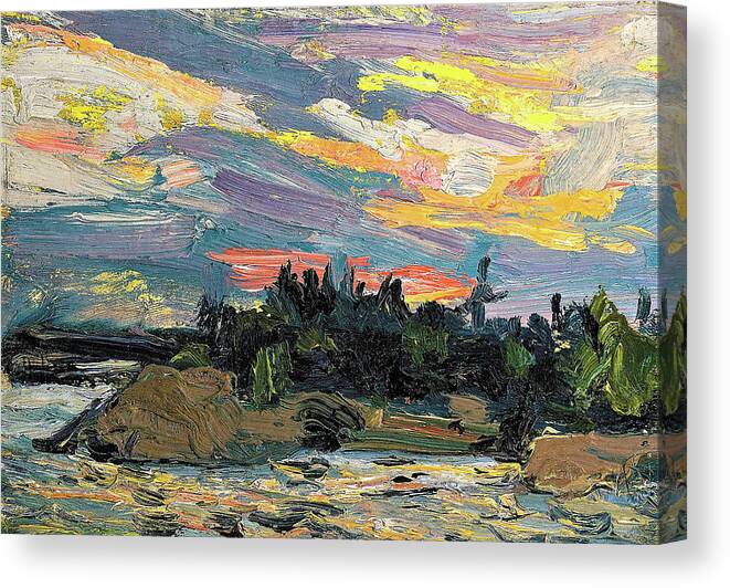Tom Thomson Canvas Print featuring the painting Sunset, Canoe Lake - Digital Remastered Edition #2 by Tom Thomson
