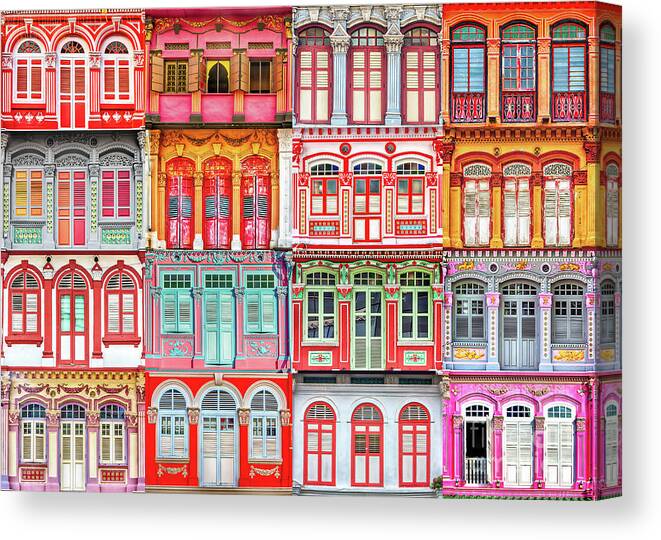 Singapore Canvas Print featuring the photograph The Singapore Shophouse in RED by John Seaton Callahan