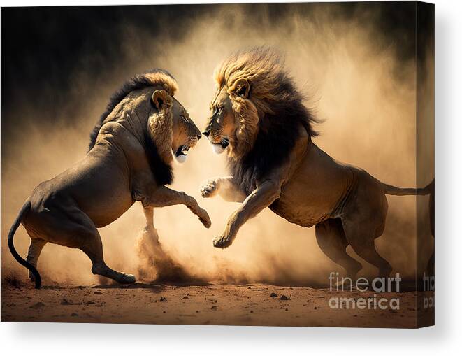 Lion Canvas Print featuring the photograph Two lions fight on safari in Africa #1 by Michal Bednarek